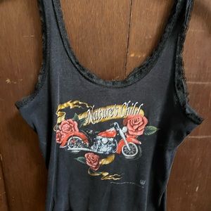 Black tank top,with cycle and roses on it.It has Natures Child